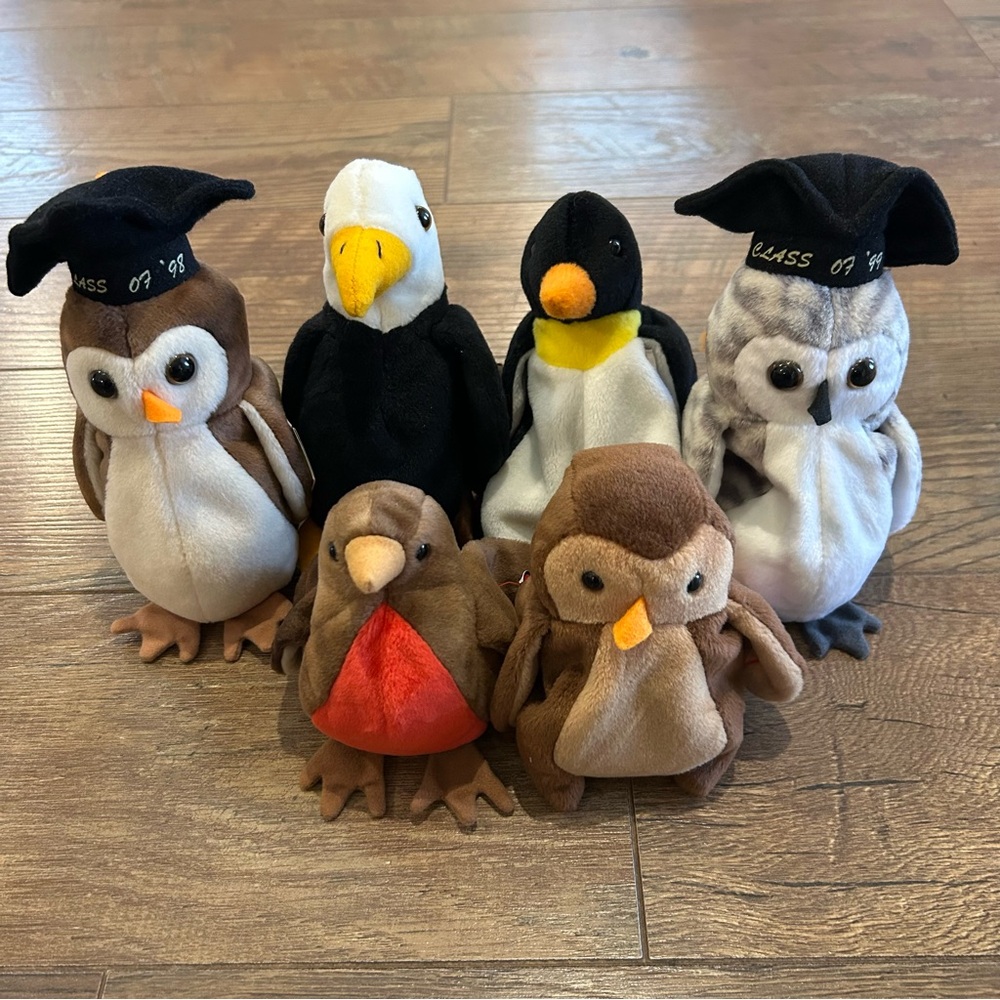 Lot of 6 Ty Beanie Babies Waddle, Baldy, Hoot, Early, Wise & Wiser